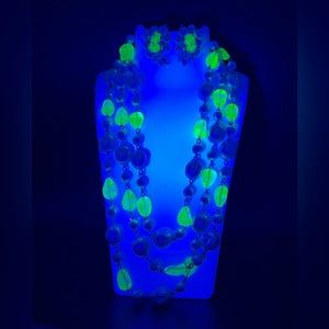 Vintage Triple Strand Pastel Lucite And Uranium Glass Bead Necklace & Earrings